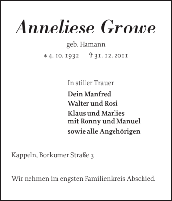 Traueranzeige von Anneliese Growe von Schleswiger Nachrichten