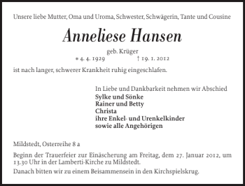 Traueranzeige von Anneliese Hansen von Husumer Nachrichten