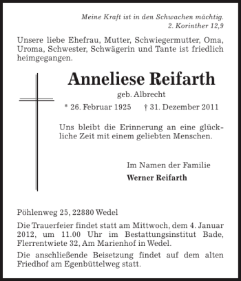 Traueranzeige von Anneliese Reifarth von Pinneberger Tageblatt