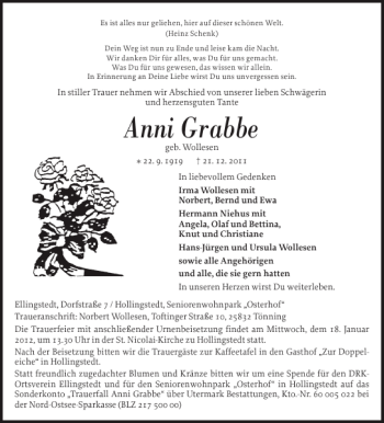 Traueranzeige von Anni Grabbe von Schleswiger Nachrichten