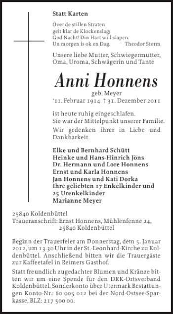 Traueranzeige von Anni Honnens von Husumer Nachrichten