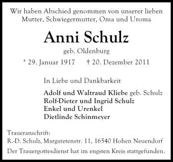 Traueranzeige von Anni Schulz von Ostholsteiner Anzeiger