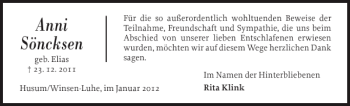 Traueranzeige von Anni Söncksen von Husumer Nachrichten