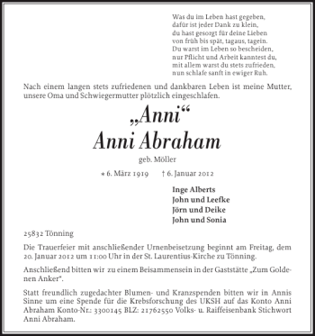 Traueranzeige von Anni Anni Abraham von Husumer Nachrichten