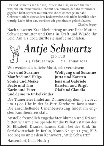 Traueranzeige von Antje Schwartz von Ostholsteiner Anzeiger