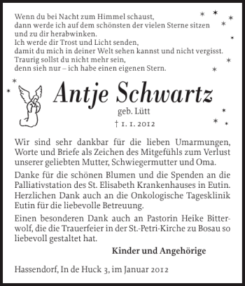 Traueranzeige von Antje Schwartz von Ostholsteiner Anzeiger