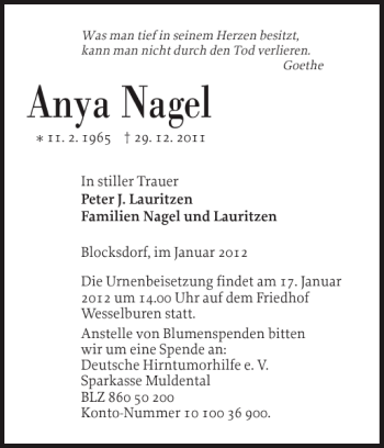Traueranzeige von Anya Nagel von Landeszeitung