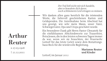 Traueranzeige von Arthur Reuter von Schleswiger Nachrichten
