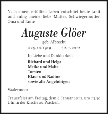 Traueranzeige von Auguste Glöer von Norddeutsche Rundschau