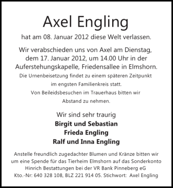Traueranzeige von Axel Engling von Elmshorner Nachrichten