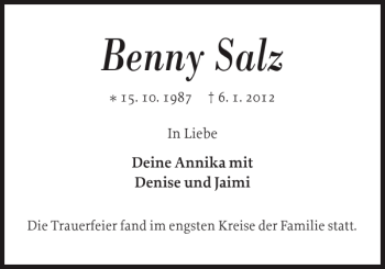Traueranzeige von Benny Salz von Norddeutsche Rundschau