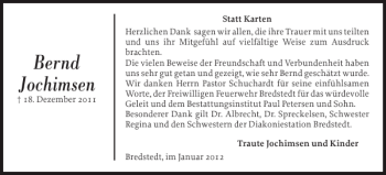 Traueranzeige von Bernd Jochimsen von Husumer Nachrichten