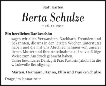 Traueranzeige von Berta Schulze von Flensburger Tageblatt