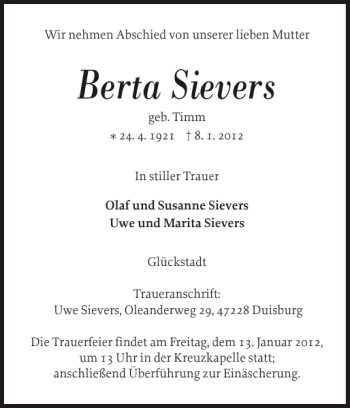 Traueranzeige von Berta Sievers von Norddeutsche Rundschau