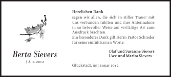 Traueranzeige von Berta Sievers von Norddeutsche Rundschau