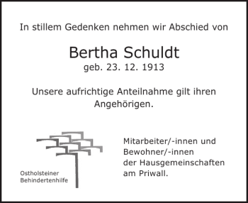 Traueranzeige von Bertha Schuldt von Ostholsteiner Anzeiger