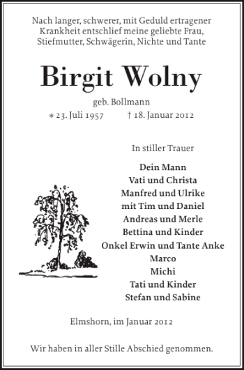 Traueranzeige von Birgit Wolny von Elmshorner Nachrichten