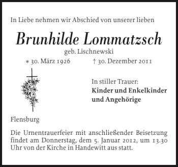 Traueranzeige von Brunhilde Lommatzsch von Flensburger Tageblatt