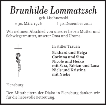 Traueranzeige von Brunhilde Lommatzsch von Flensburger Tageblatt