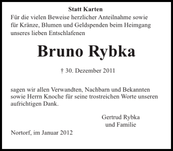 Traueranzeige von Bruno Rybka von Landeszeitung