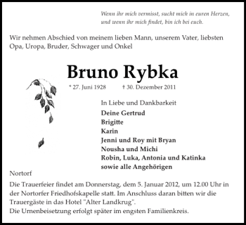 Traueranzeige von Bruno Rybka von Landeszeitung