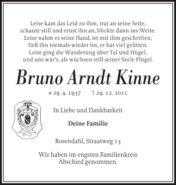 Traueranzeige von Bruno Arndt Kinne von Husumer Nachrichten
