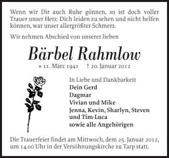 Traueranzeige von Bärbel Rahmlow von Flensburger Tageblatt