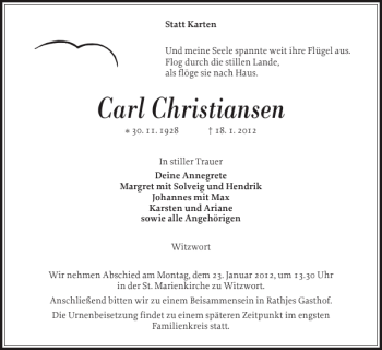 Traueranzeige von Carl Christiansen von Husumer Nachrichten