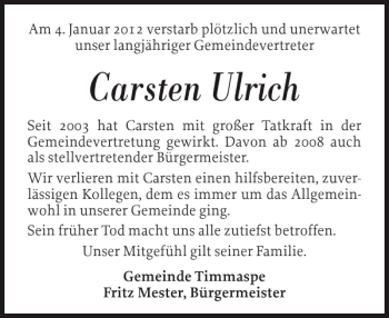 Traueranzeige von Carsten Ulrich von Landeszeitung