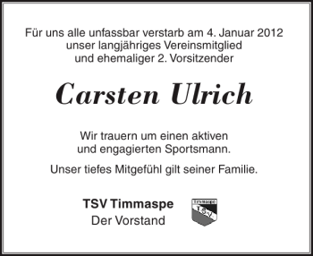Traueranzeige von Carsten Ulrich von Landeszeitung