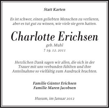 Traueranzeige von Charlotte Erichsen von Husumer Nachrichten