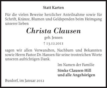 Traueranzeige von Christa Clausen von Schleswiger Nachrichten