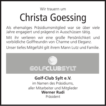 Traueranzeige von Christa Goessing von Sylter Rundschau