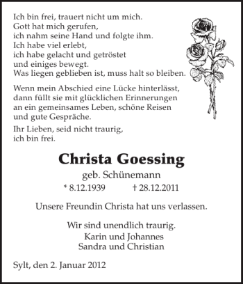 Traueranzeige von Christa Goessing von Sylter Rundschau