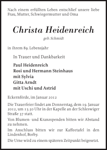 Traueranzeige von Christa Heidenreich von Eckernförder Zeitung