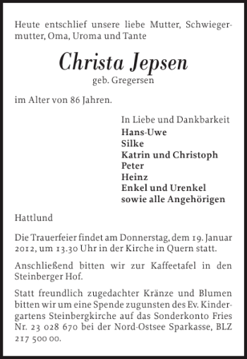 Traueranzeige von Christa Jepsen von Flensburger Tageblatt