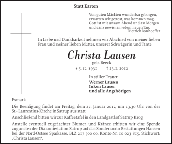 Traueranzeige von Christa Lausen von Flensburger Tageblatt