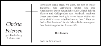 Traueranzeige von Christa Petersen von Nordfriesland Tageblatt