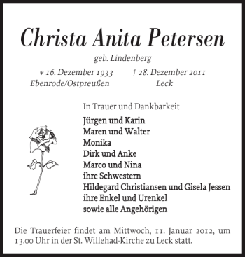 Traueranzeige von Christa Anita Petersen von Nordfriesland Tageblatt