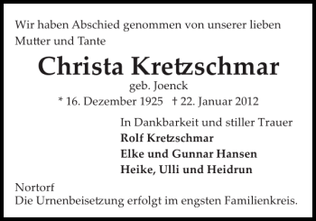 Traueranzeige von Christa Kre schmar von Landeszeitung