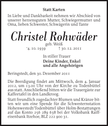 Traueranzeige von Christel Rohwäder von Landeszeitung