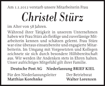Traueranzeige von Christel Stürz von Holsteinischer Courier