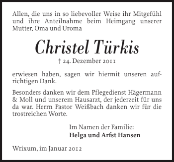Traueranzeige von Christel Türkis von Der Insel-Bote