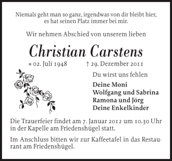 Traueranzeige von Christian Carstens von Flensburger Tageblatt