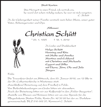 Traueranzeige von Christian Schütt von Landeszeitung