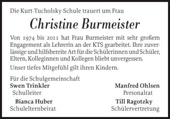 Traueranzeige von Christine Burmeister von Flensburger Tageblatt