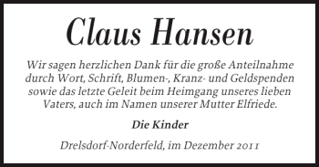 Traueranzeige von Claus Hansen von Husumer Nachrichten