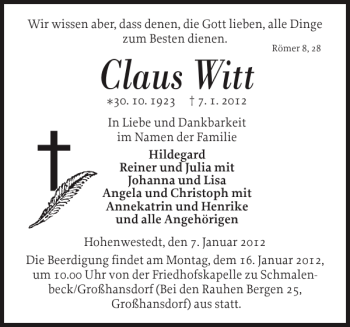 Traueranzeige von Claus Witt von Landeszeitung