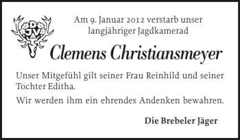 Traueranzeige von ClemensChristiansmeyer  von Schleswiger Nachrichten
