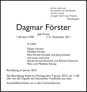 Traueranzeige von Dagmar Förster von Landeszeitung